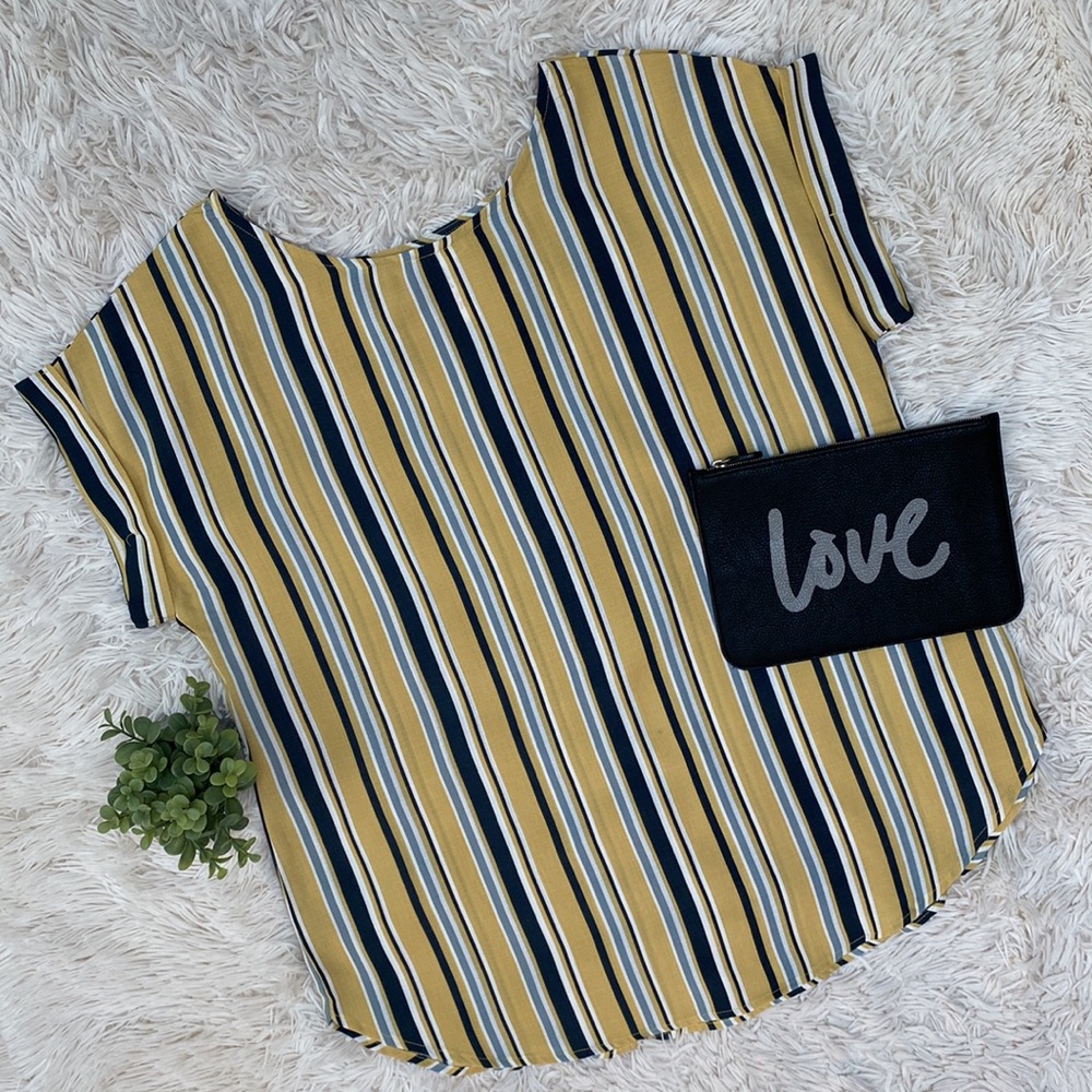 Lara Fashion Striped Linen-Look Top 💗 Gold Navy & White